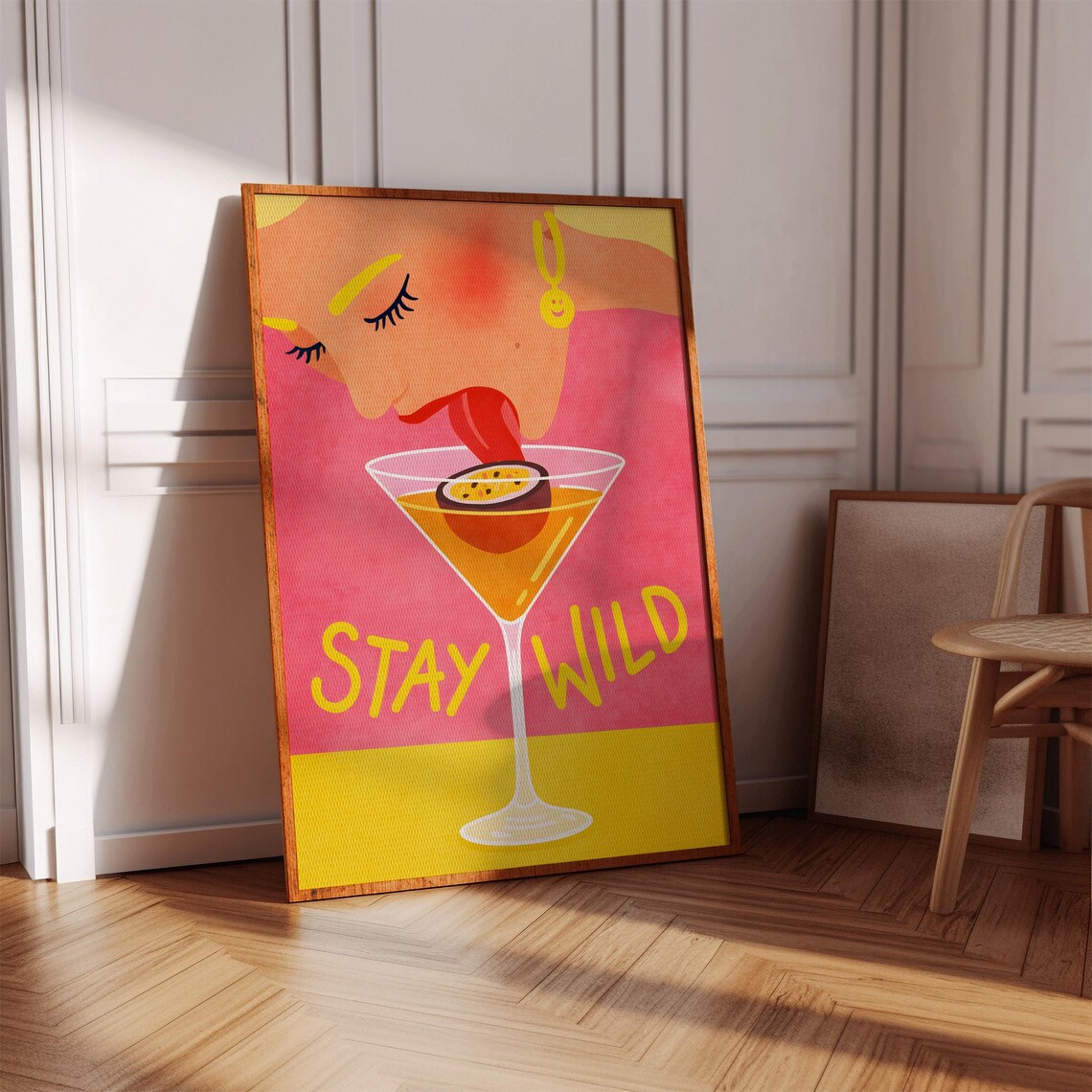 Stay Wild Cocktail Art Retro Poster Pink Yellow Martini Passionfruit Funky Decor