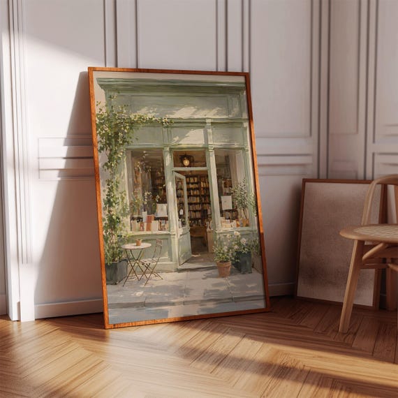French Bookstore Watercolor Art Print Sage Green Library Wall Decor