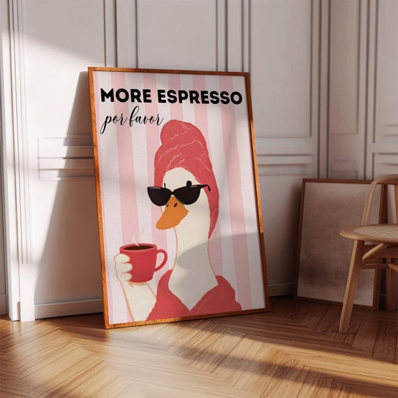 Funny Duck Wall Art Espresso Print Pink Kitchen Decor Coffee Lover Gift