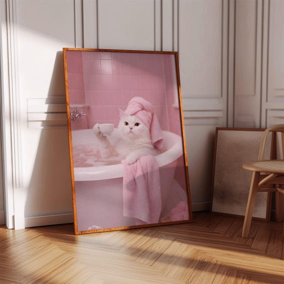 White Cat Bathtub Print Pink Retro Bathroom Wall Art Digital Download
