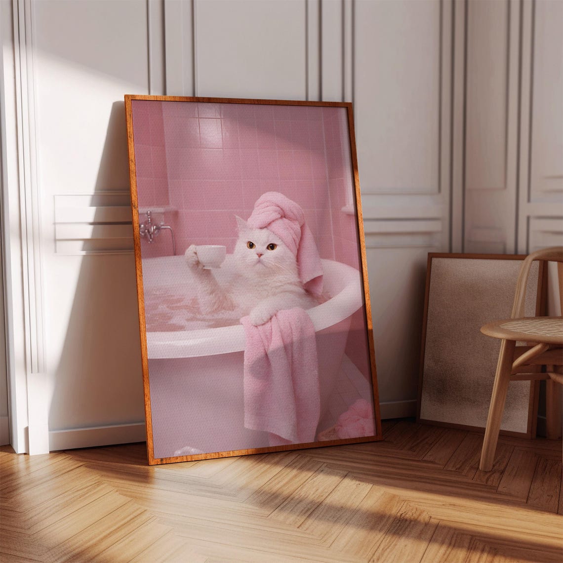 White Cat Bathtub Print Pink Retro Bathroom Wall Art Digital Download