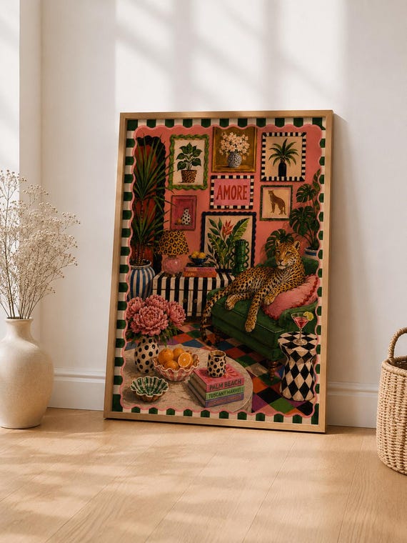 Maximalist Leopard Print Eclectic Wall Decor Tropical Gallery Poster Palm Beach Art Colorful