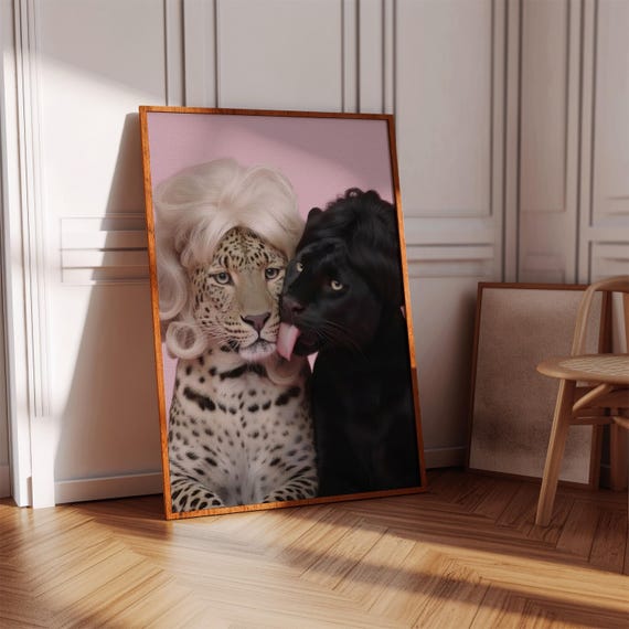 Leopard Panthers In Wigs Wall Art Pastel Pink Kitsch Decor Surreal Maximalist Digital Print