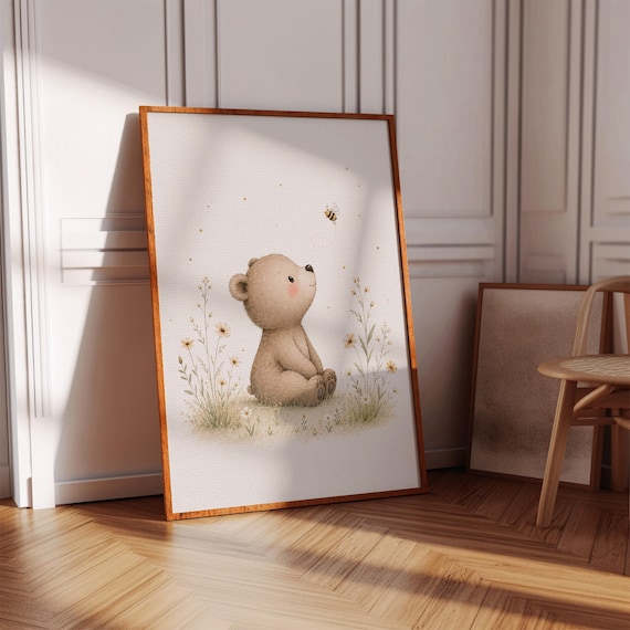 Little Bear Bumblebee Poster Watercolor Woodland Nursery Wall Decor
