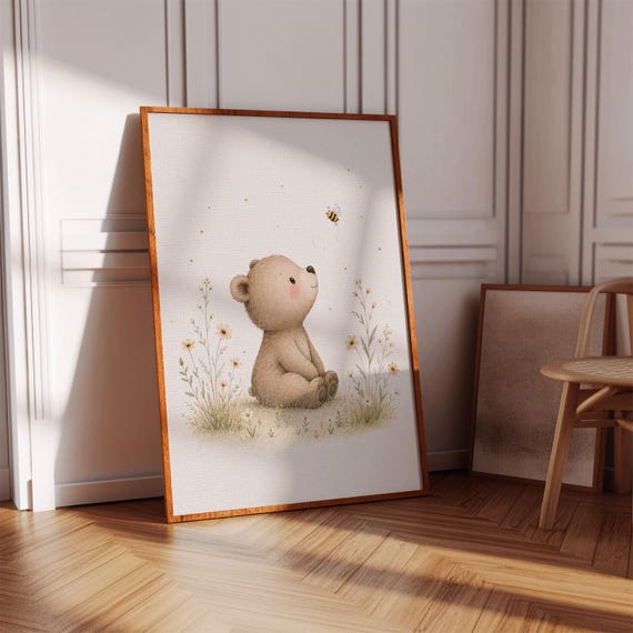 Little Bear Nursery Wall Art Bumblebee Baby Room Decor Animal Poster Print