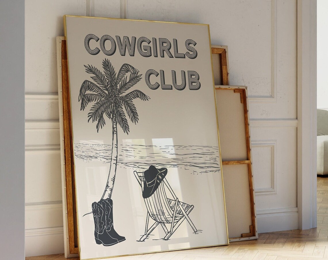 Cowgirls Club Palm Tree Beach Chair Boots Line Drawing Poster