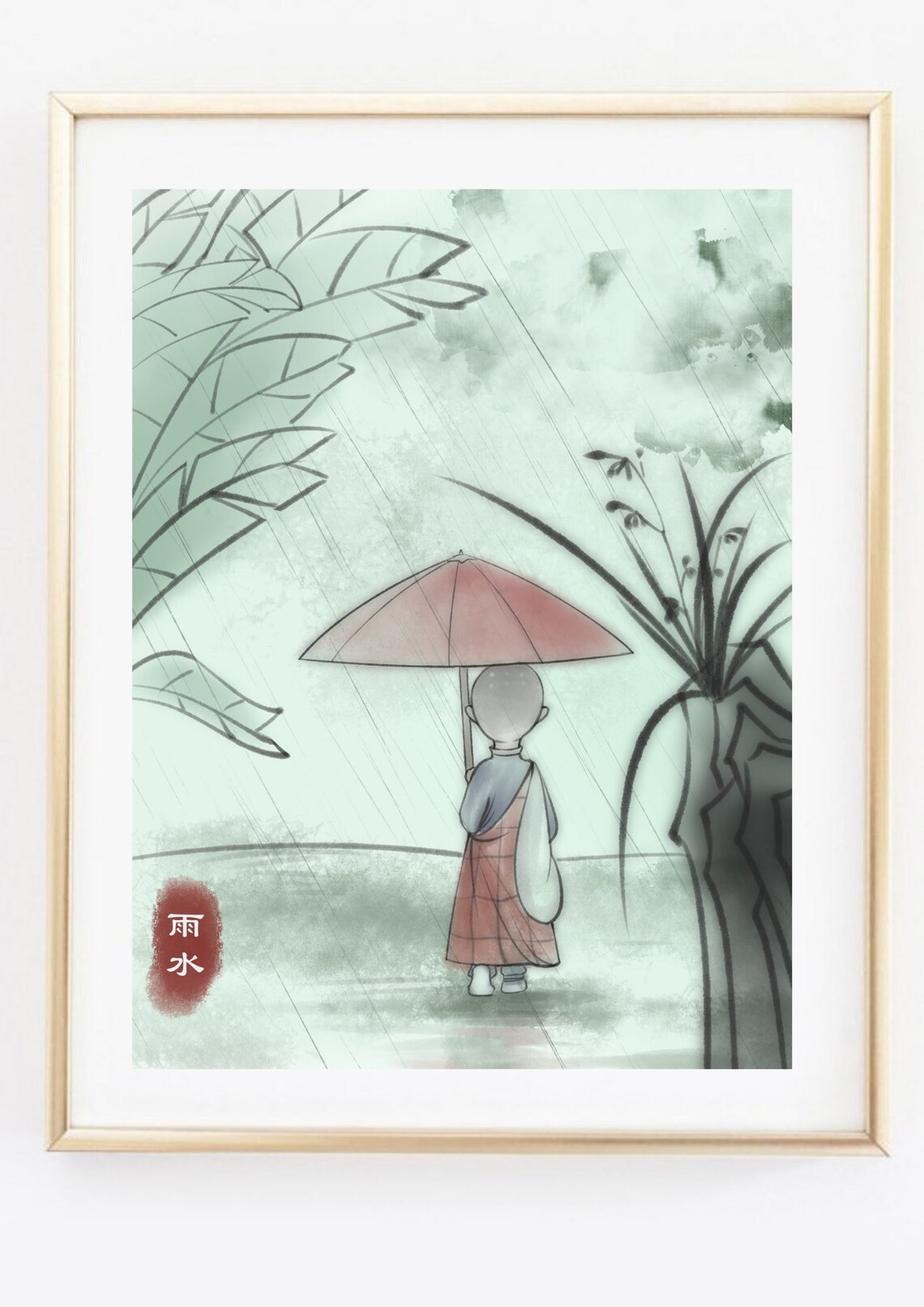 Little Monk With Pink Umbrella In Rain Zen Watercolor Art Poster - Image 3
