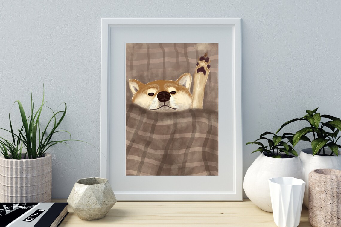 Sleepy Shiba Inu Dog Tucked In Plaid Blanket Paw Up Funny Wall Art - Image 3