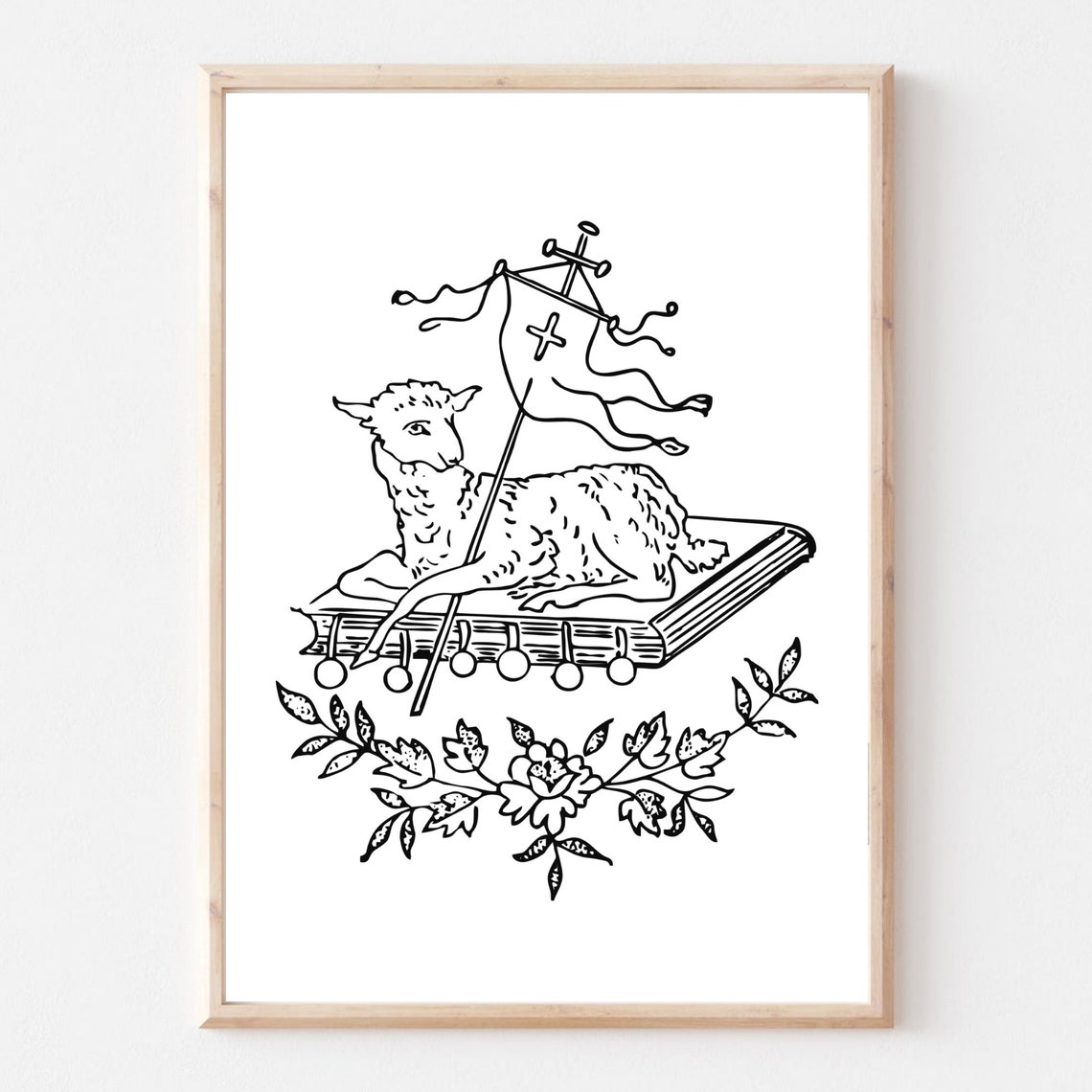 Lamb of God on Sacred Book Cross Banner Sketch Christian Art Print - Image 2