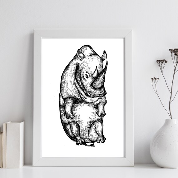 Rhinoceros Black Ink Drawing Detailed Engraving Style Animal Art Print
