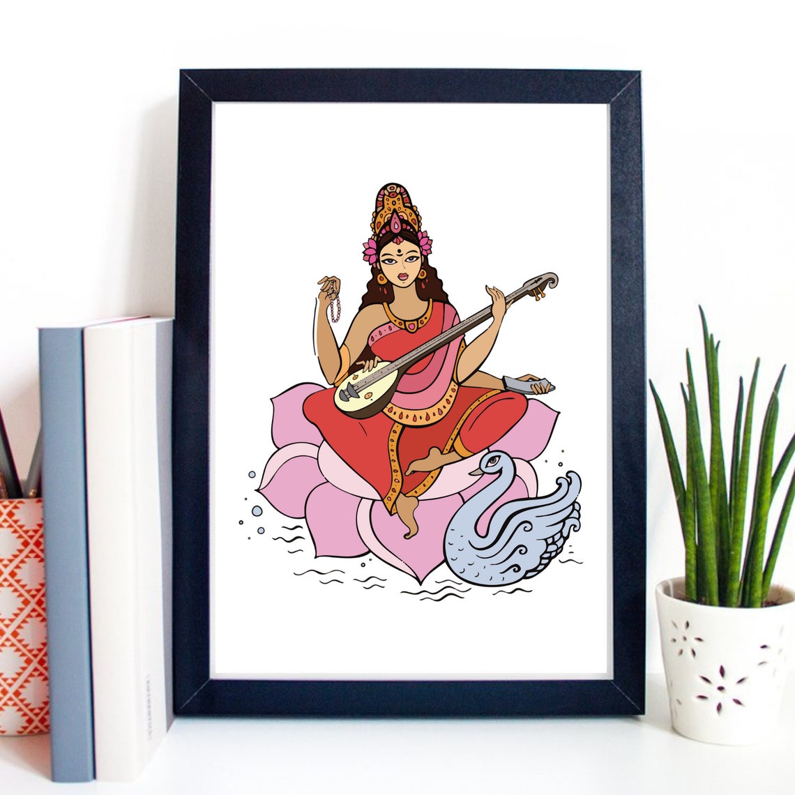 Goddess Saraswati Veena Lotus Swan Hindu Music Goddess Color Poster - Image 2
