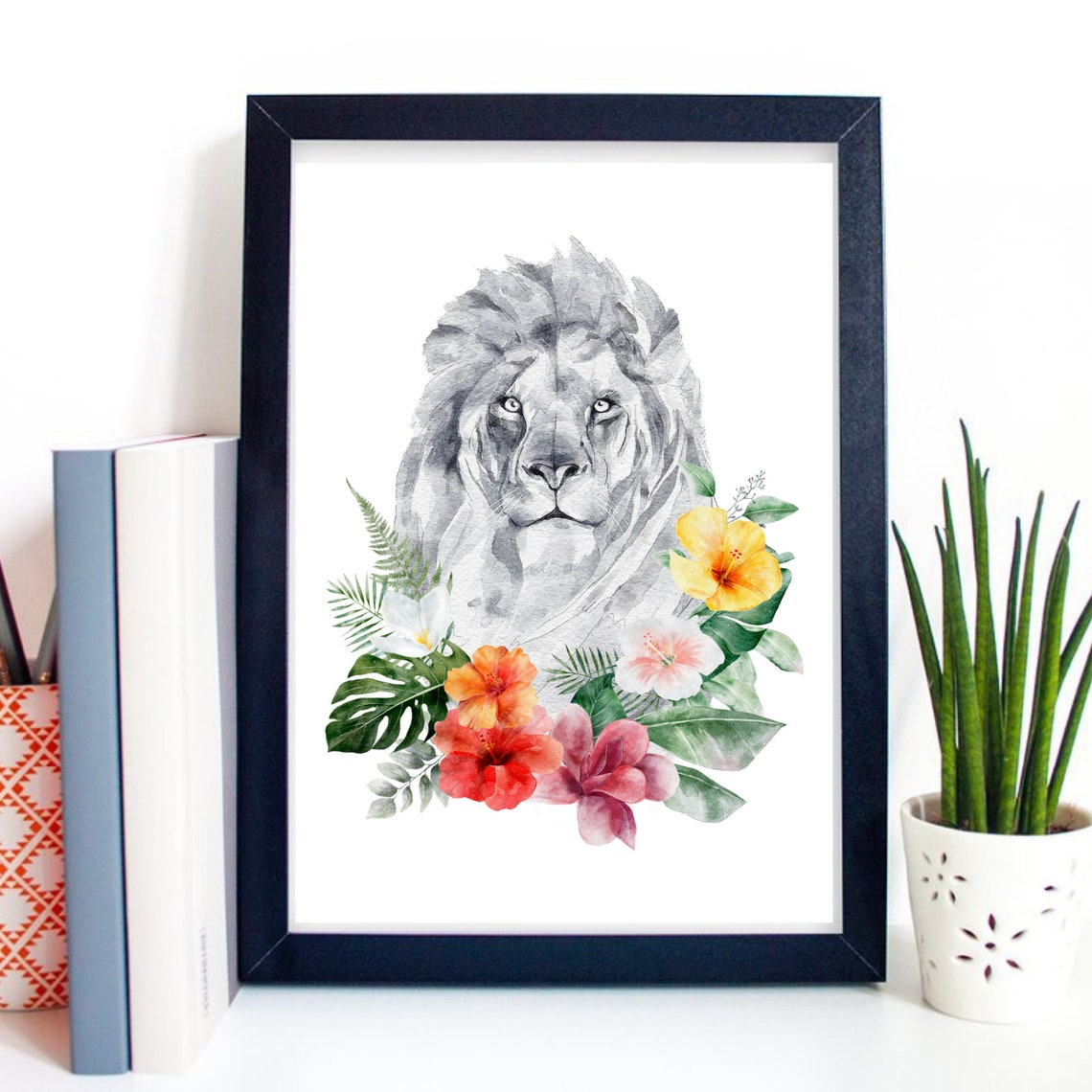 Lion Head Tropical Hibiscus Flowers Watercolor Wildlife Wall Art