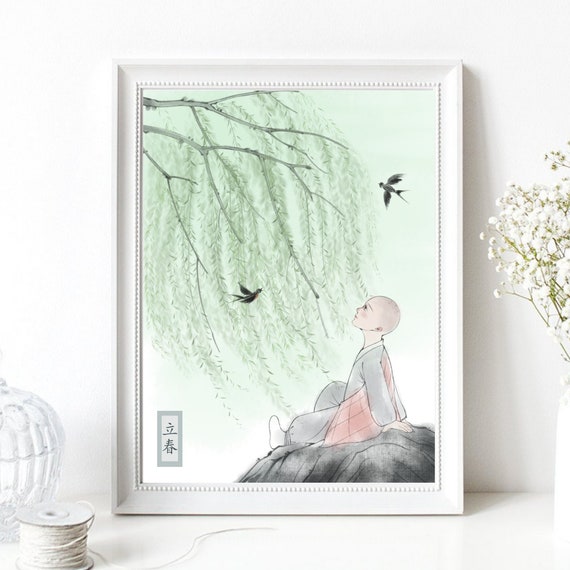 Din A4 Art Print Without Frame Meditating Monk Under Tree Watercolor Asia Style Buddhism Asia Feng Shui Poster Picture Wall Decoration