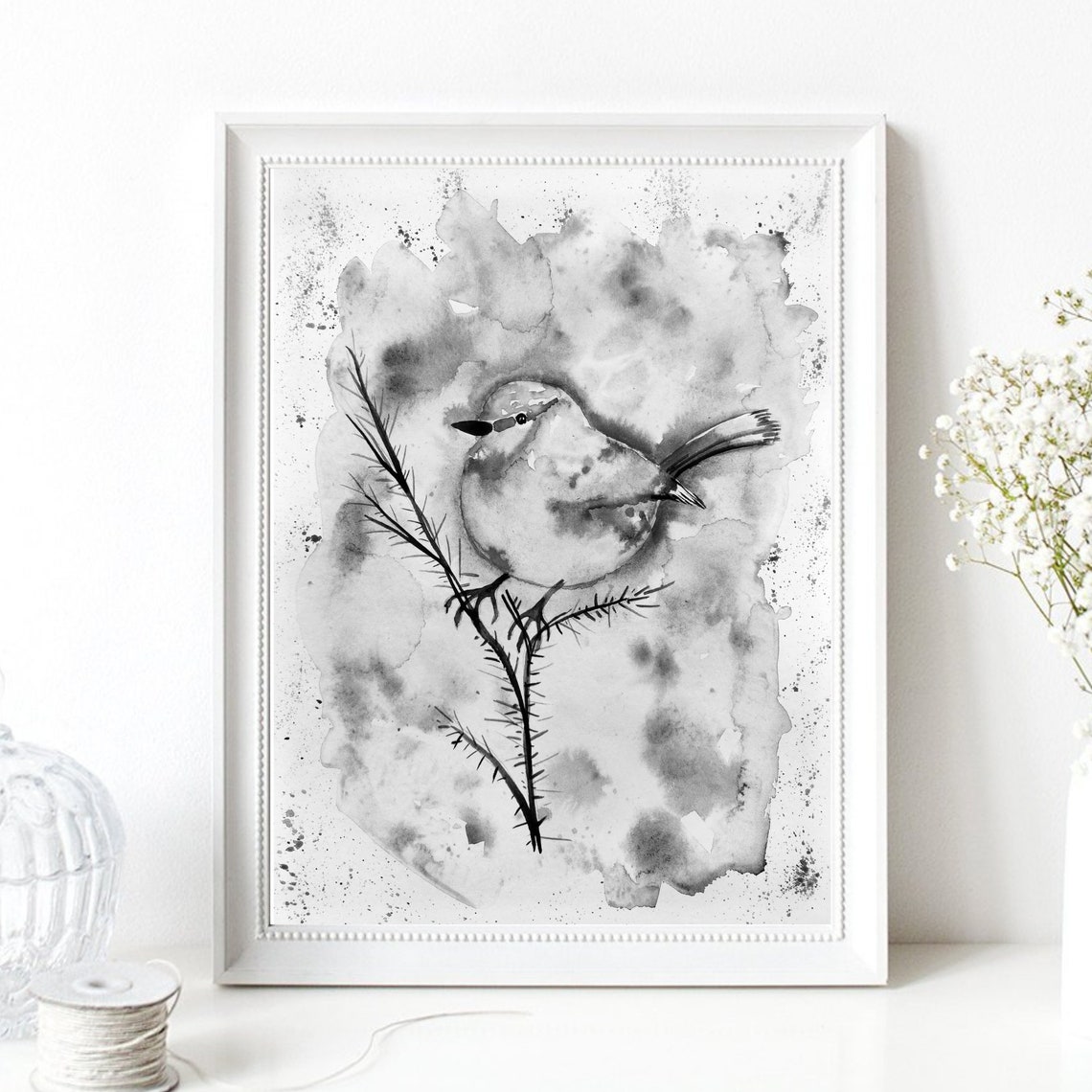 Black White Watercolor Bird On Branch Monochrome Nature Art Print