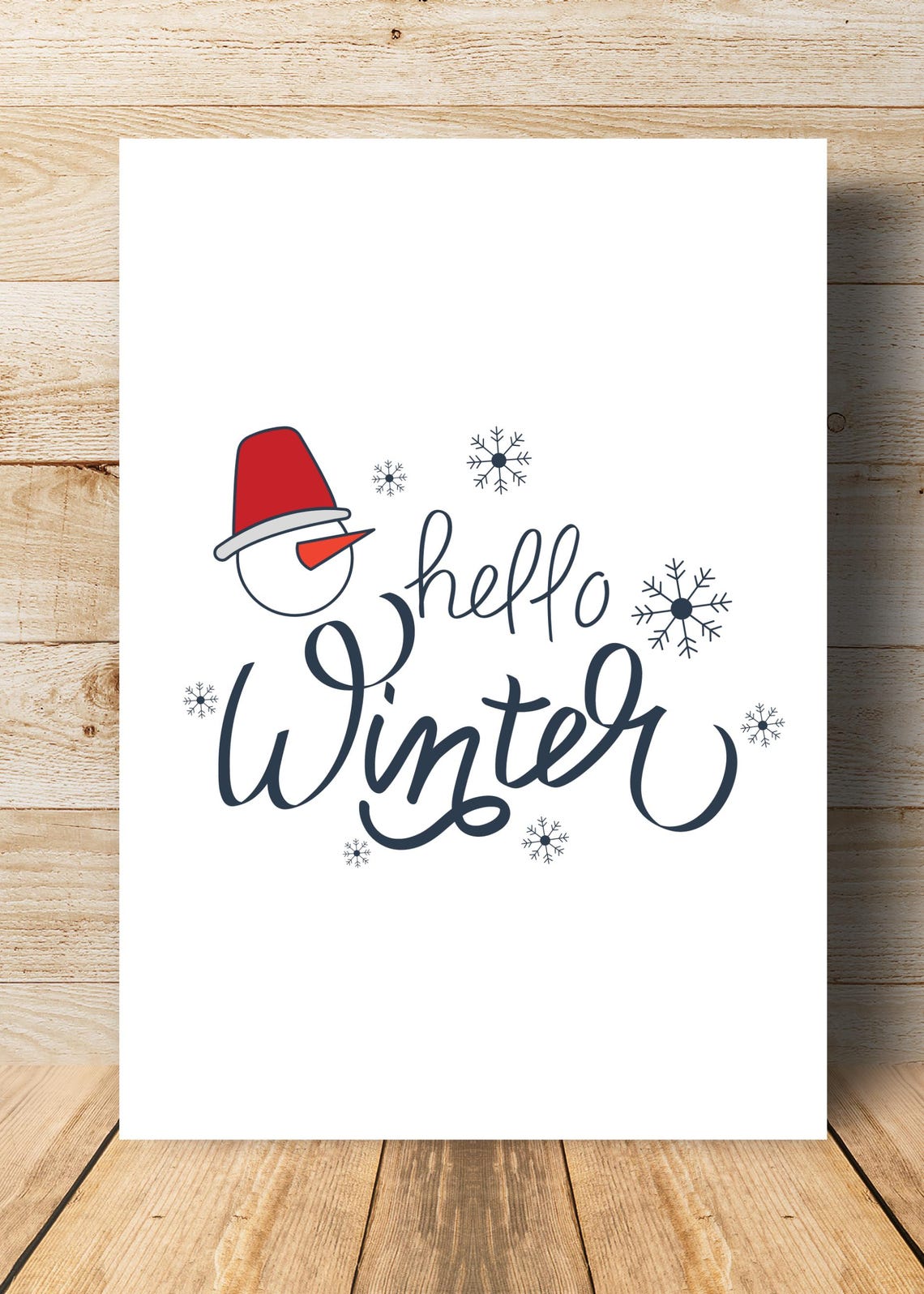 Hello Winter Cute Snowman Face Snowflakes Hand Lettered Wall Art - Image 2