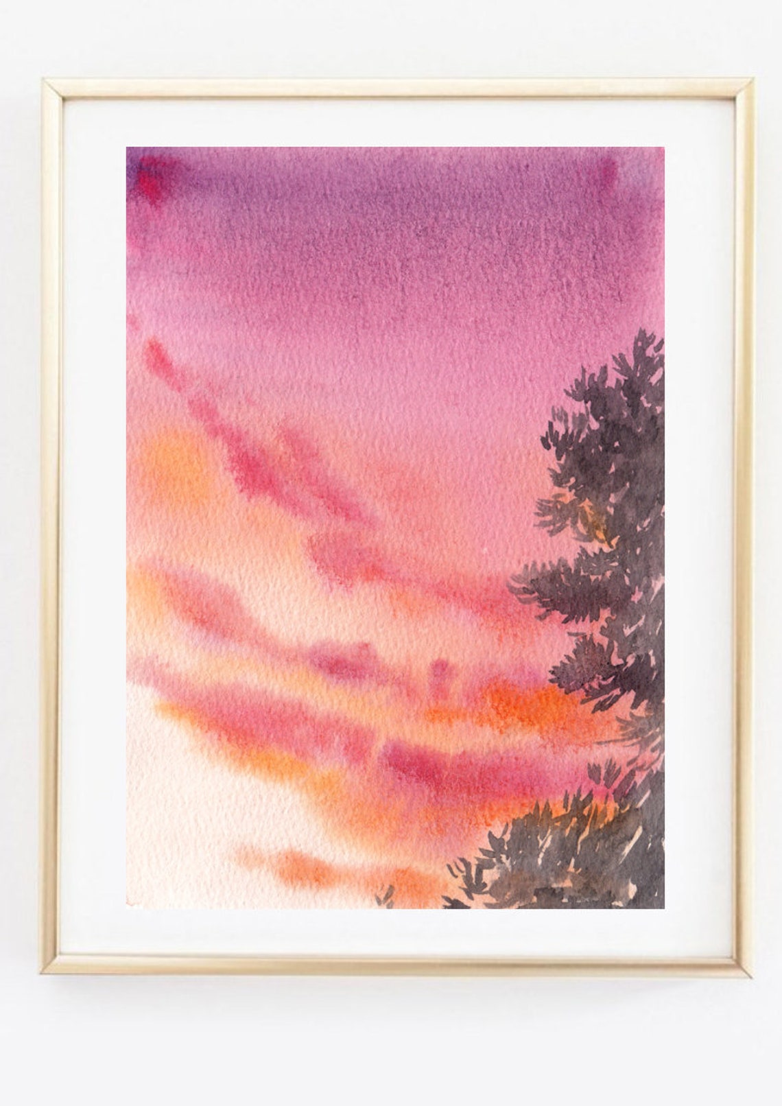 Watercolor Red Sunset Sky Fir Trees Evening Glow Nature Art Poster - Image 2