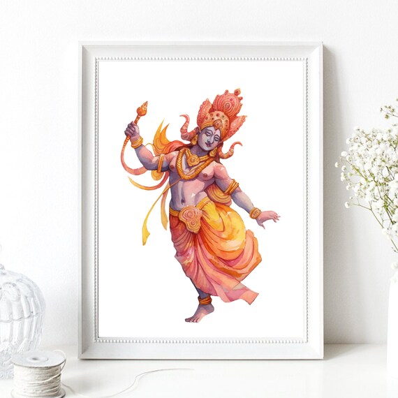 Dancing Vishnu Watercolor Hindu God Orange Yellow Spiritual Wall Poster