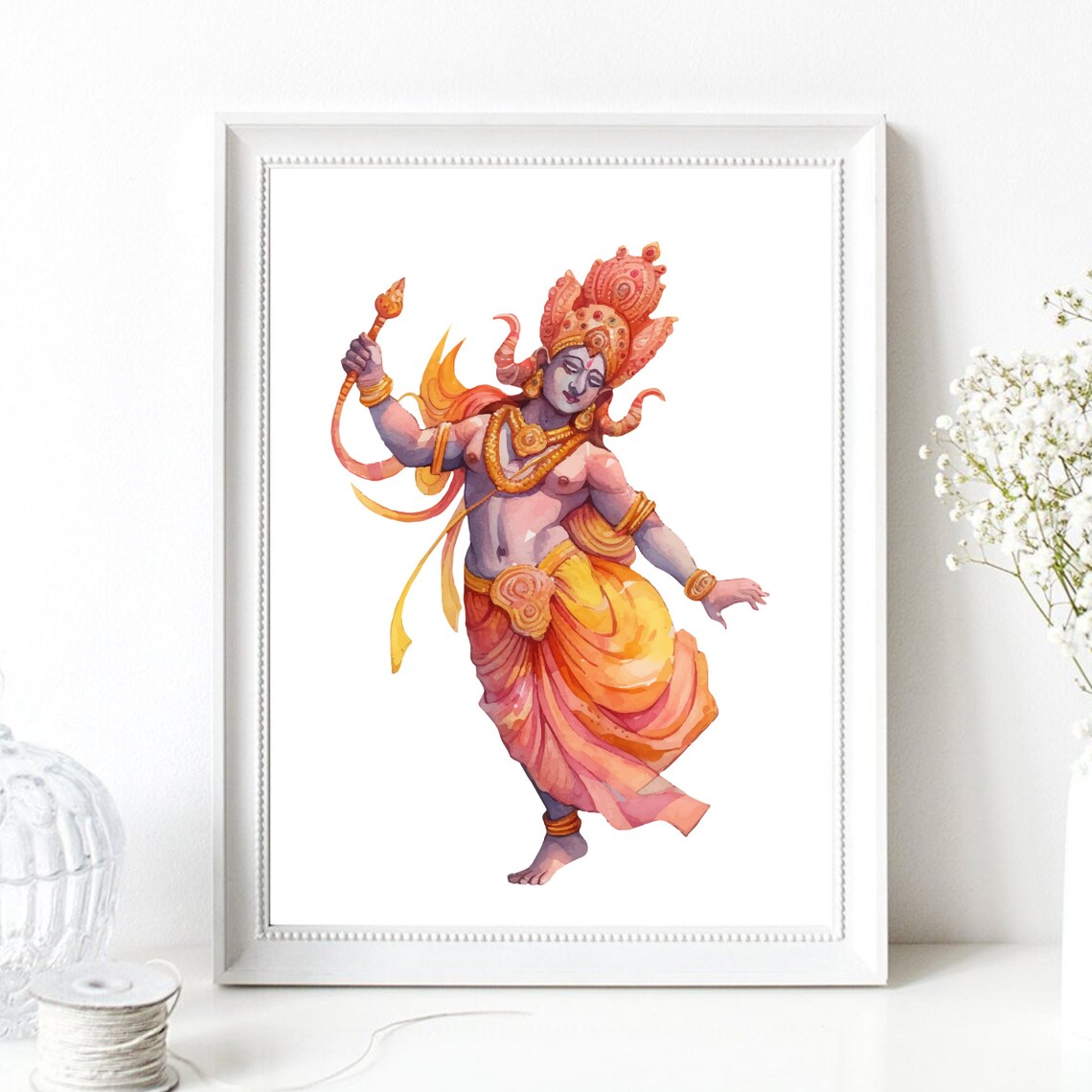 Dancing Vishnu Watercolor Hindu God Orange Yellow Spiritual Wall Poster