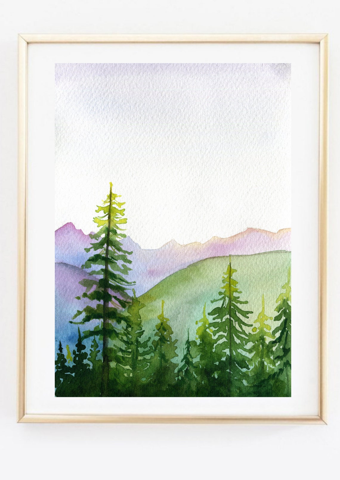 Green Pine Forest Watercolor Purple Mountain Landscape Art Poster - Image 3