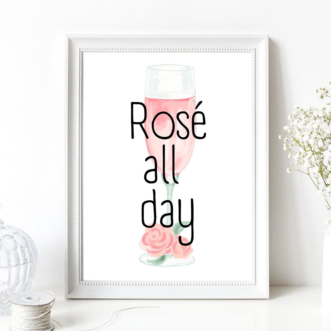 Rose All Day Wine Quote Watercolor Glass Floral Kitchen Wall Art - Image 2