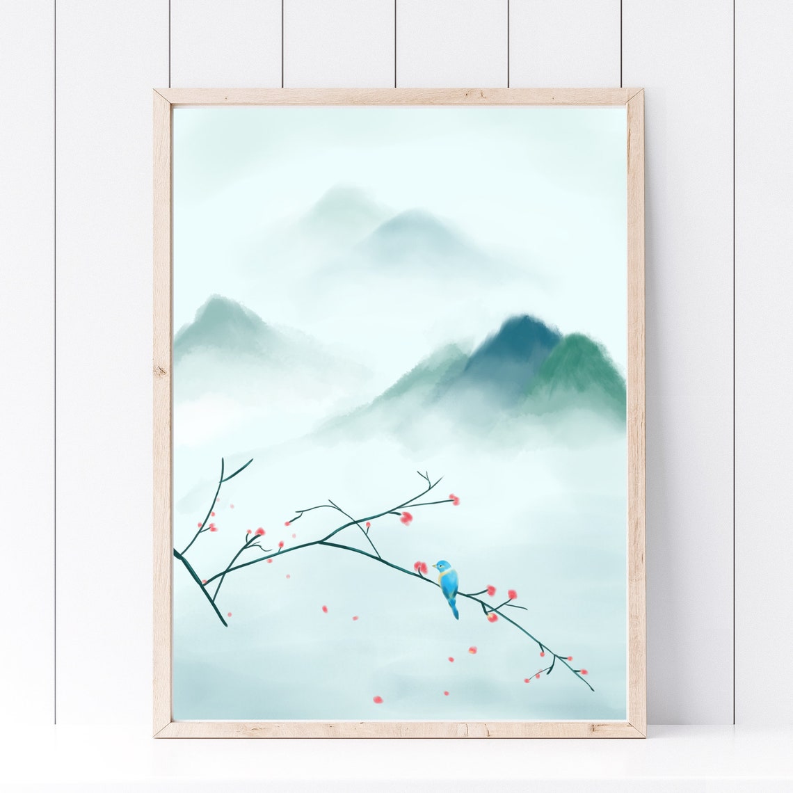 East Asian Misty Mountains Cherry Blossom Blue Bird Art Poster - Image 3