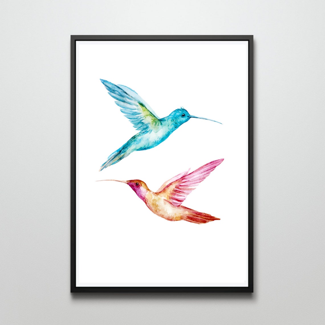 Two Hummingbirds Watercolor Turquoise Pink Birds Illustration Poster - Image 2