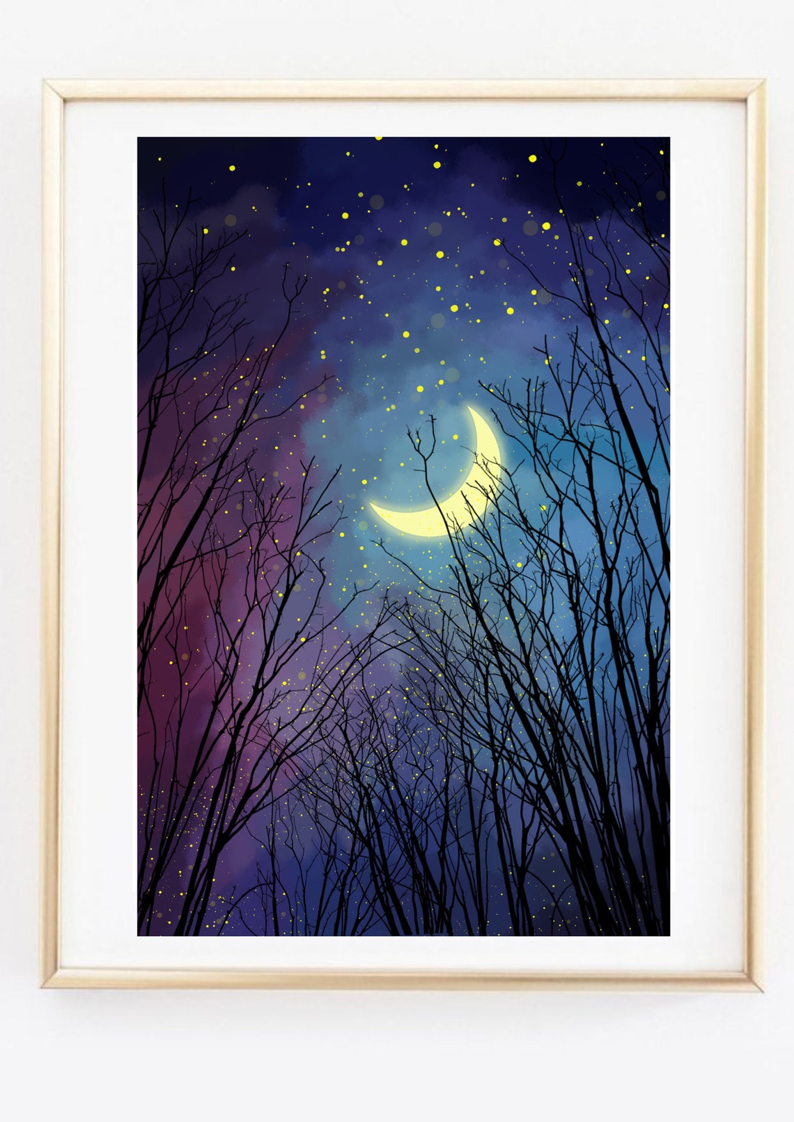 Crescent Moon Starry Night Sky Silhouette Trees Celestial Wall Art - Image 2