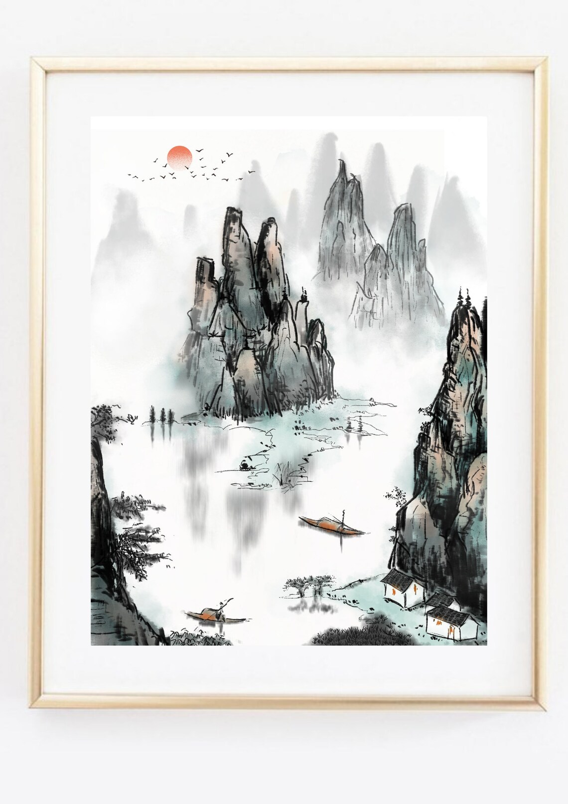 Asian Ink Landscape Red Sun Misty Karst Peaks Boat Watercolor Print Poster - Image 3