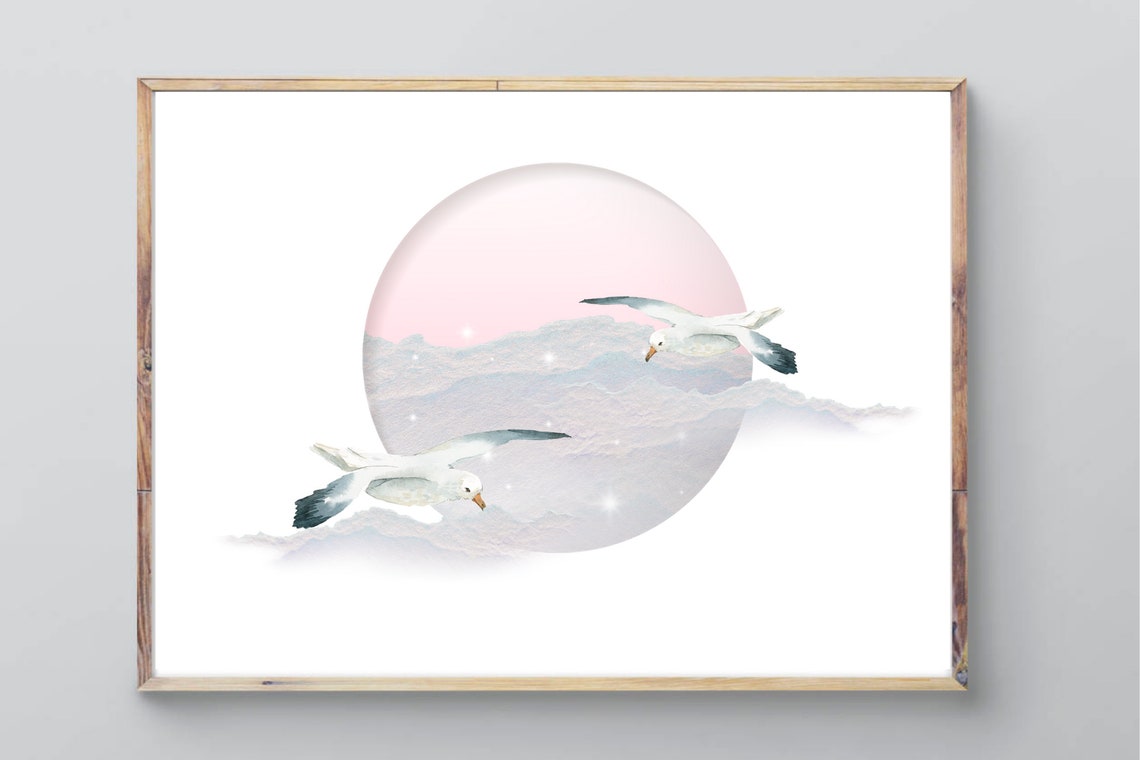 Flying Seagulls Pink Moon Watercolor Dreamy Coastal Art Poster