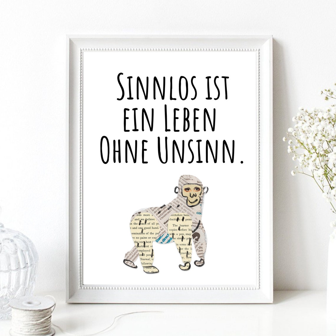 German Quote Newspaper Monkey Life Is Nonsense Funny Typography Poster - Image 2