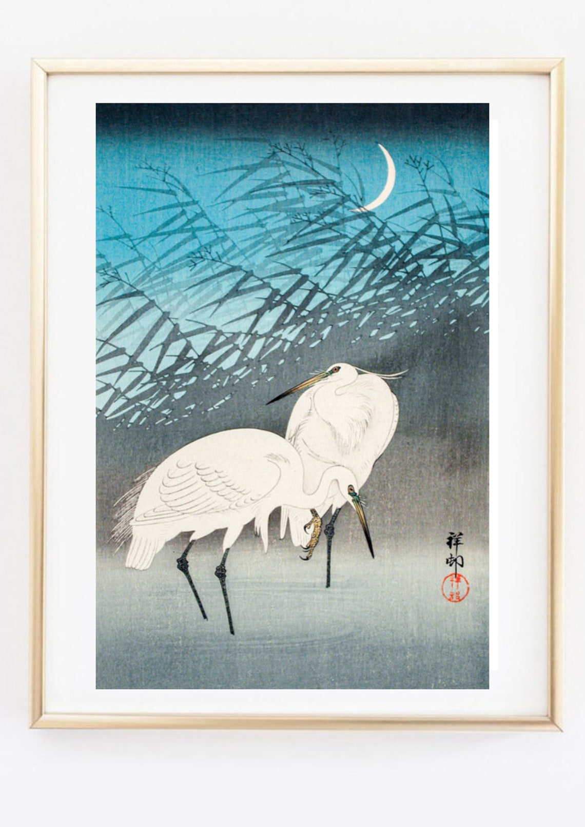 White Egrets Crescent Moon Reeds Japanese Woodblock Bird Art Print - Image 3
