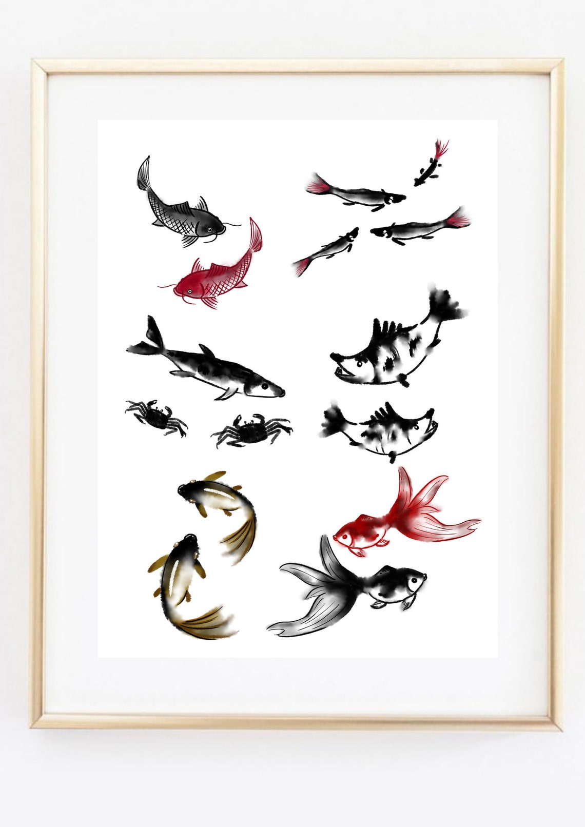 Koi Fish Goldfish Ink Watercolor Asian Aquatic Collection Poster - Image 2