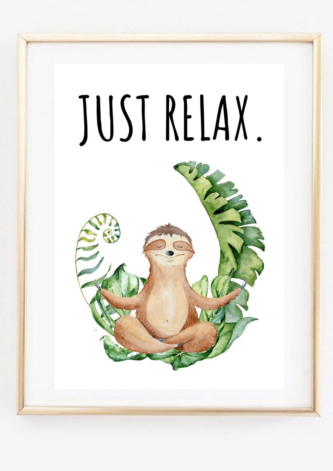 Just Relax Meditating Sloth Watercolor Tropical Leaves Yoga Print - Image 2