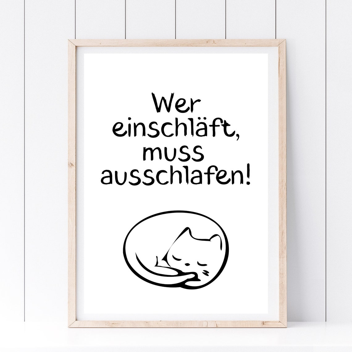 Funny German Sleep Quote Poster With Cute Sleeping Cat Line Drawing