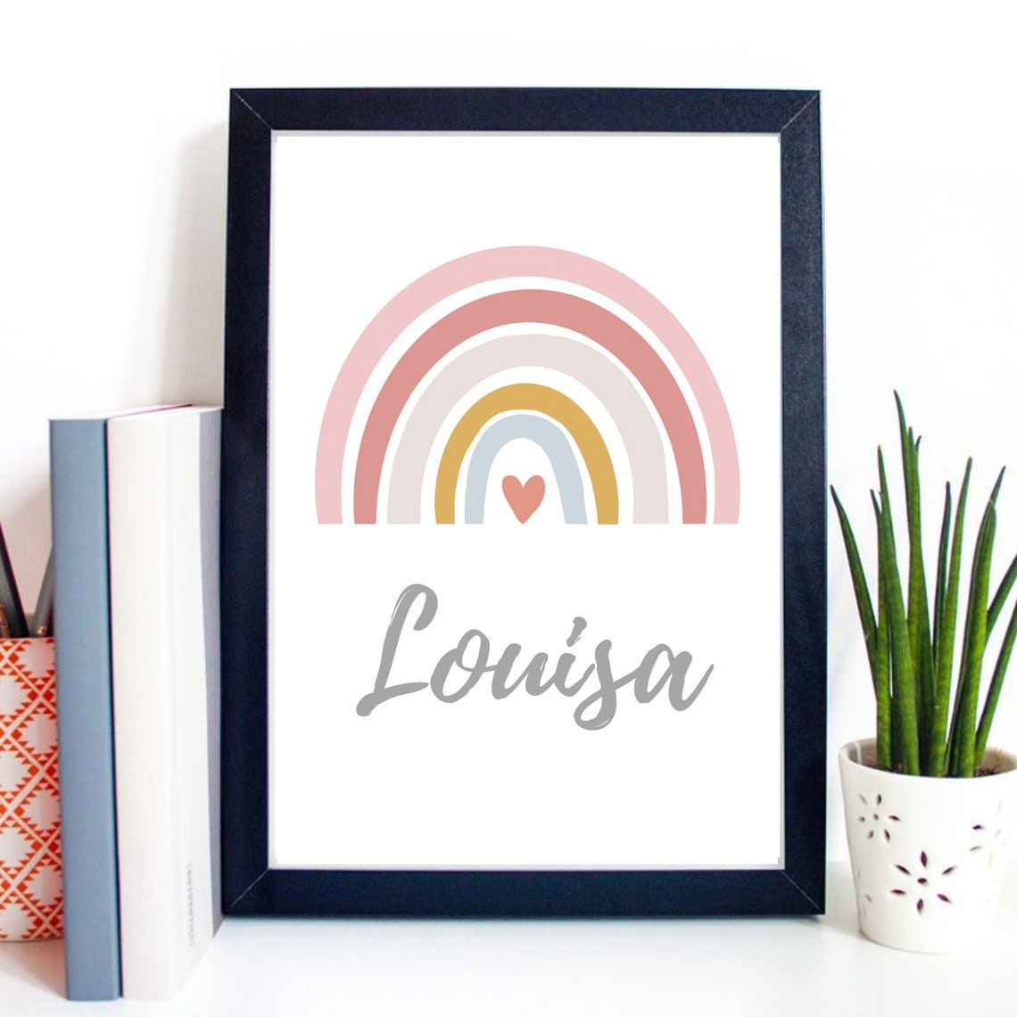 Pink Watercolor Rainbow Heart Personalized Name Kids Room Poster - Image 3