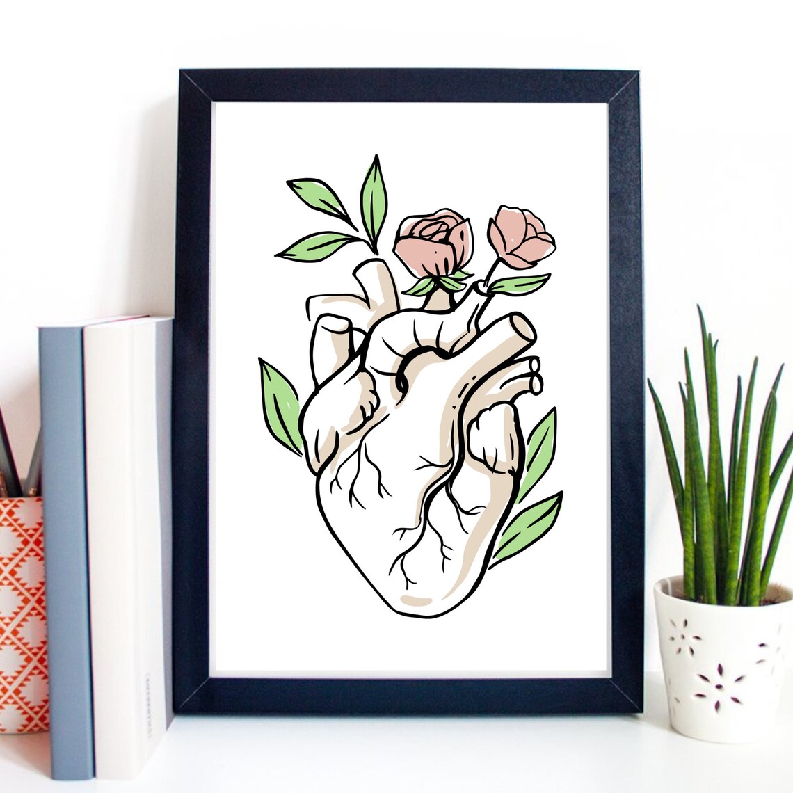 Anatomical Human Heart With Pink Roses Medical Line Art Poster - Image 2