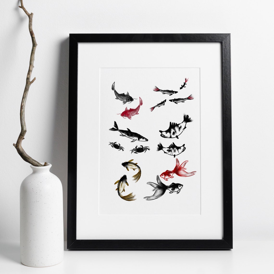Koi Fish Goldfish Ink Watercolor Asian Aquatic Collection Poster - Image 3