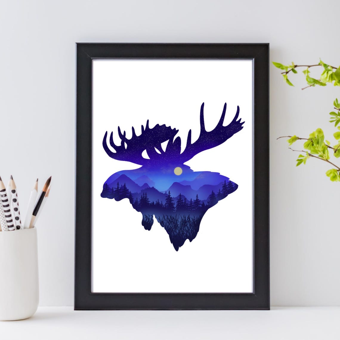 Moose Head Night Mountain Forest Silhouette Double Exposure Wall Print