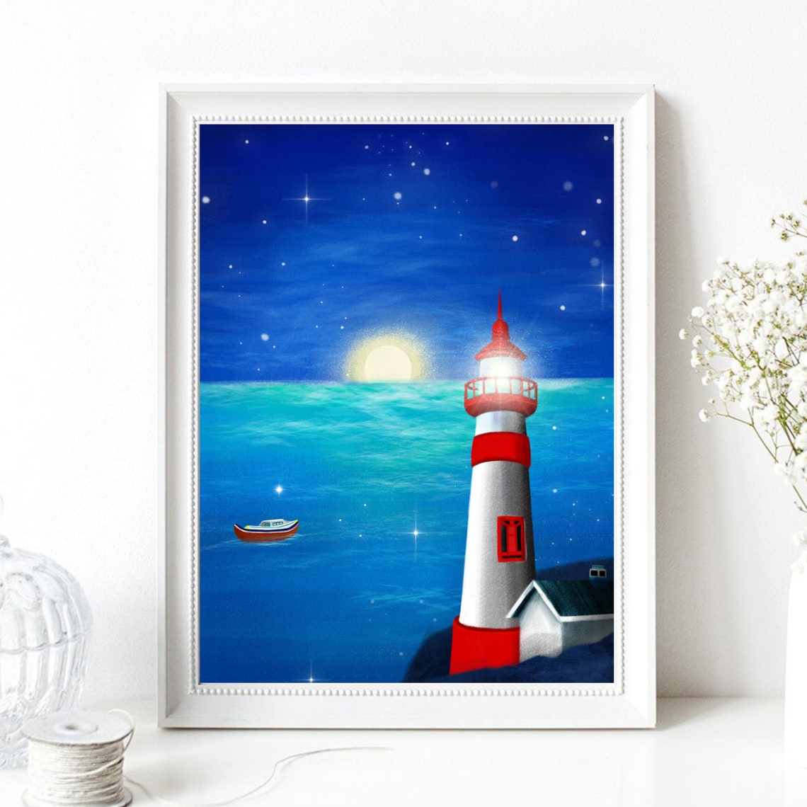 Red White Lighthouse Night Coast Moonlit Sea Boat Art Poster