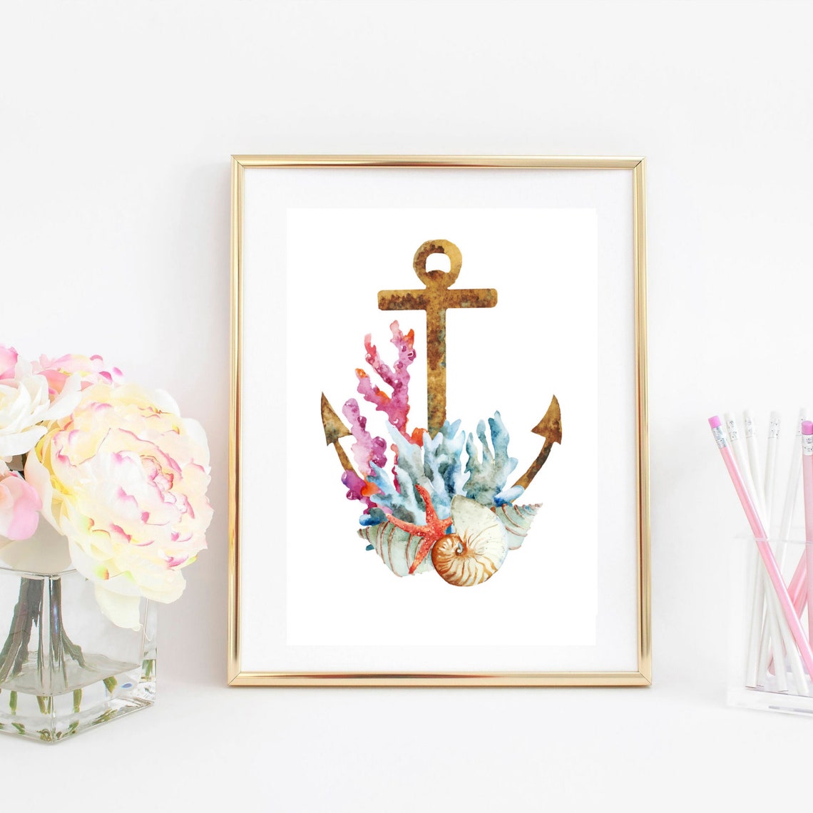 Watercolor Anchor Coral Shells Starfish Nautical Maritime Gift Poster