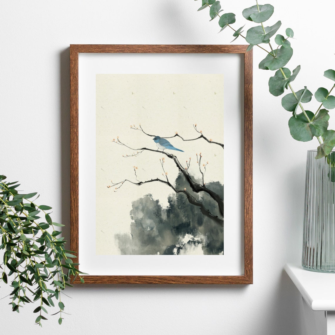 Chinese Ink Painting Blue Bird On Branch Misty Mountain Wall Art
