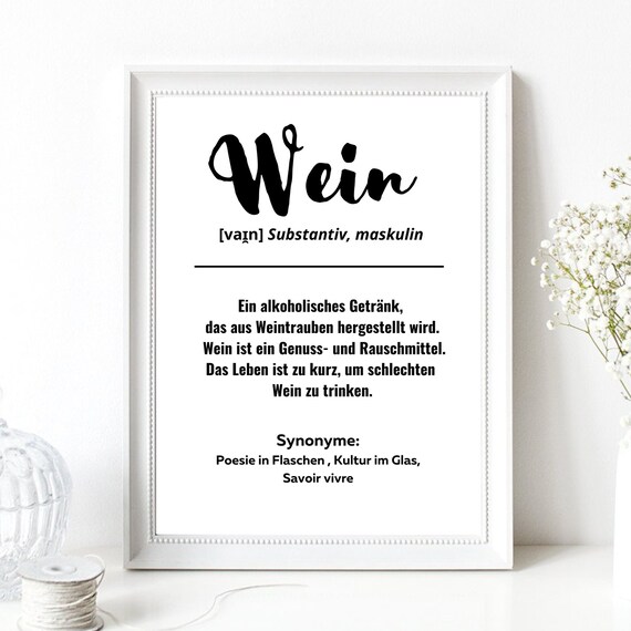 Wein Wine German Definition Typography Funny Dictionary Kitchen Wall Print