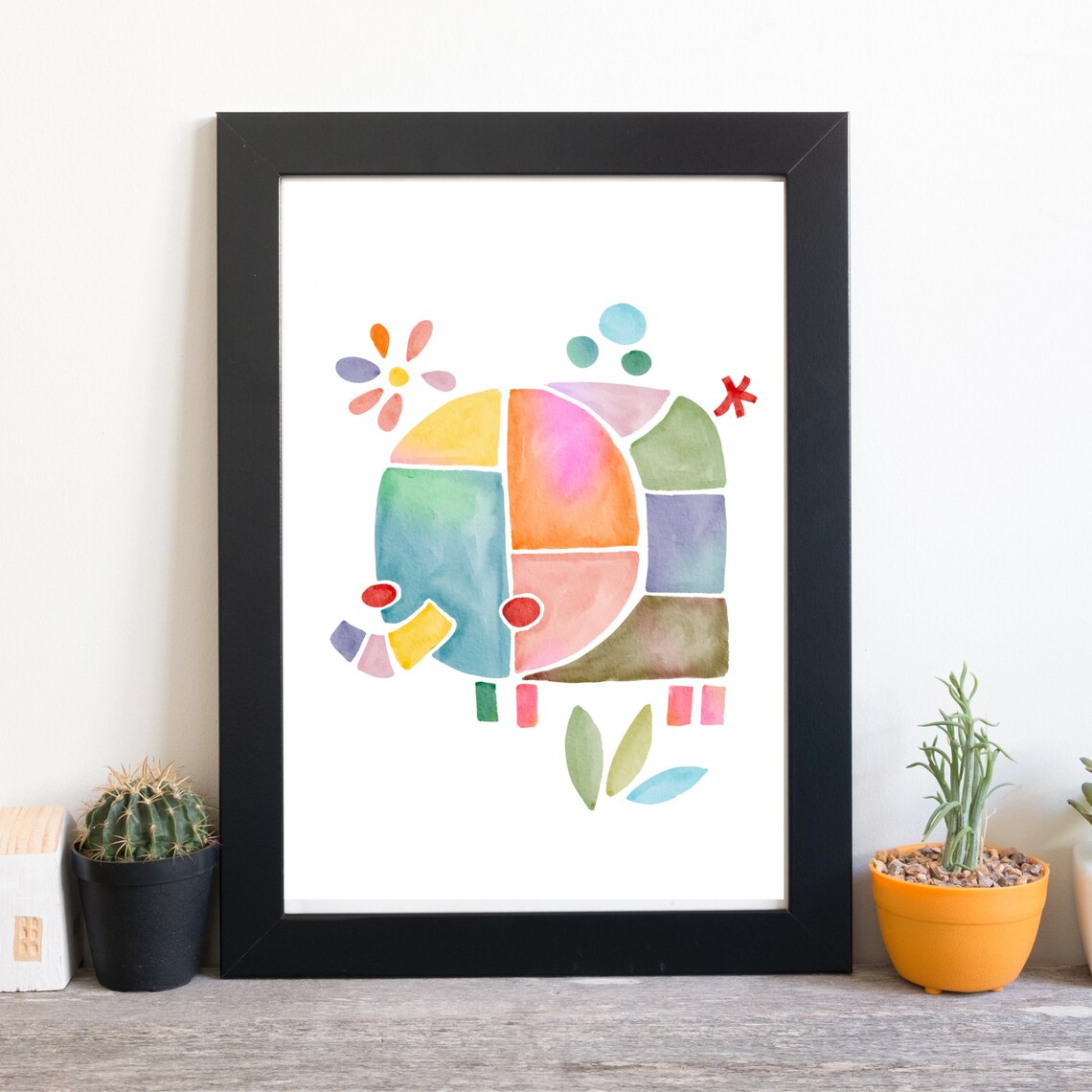 Colorful Geometric Elephant Abstract Watercolor Scandi Nursery Wall Art