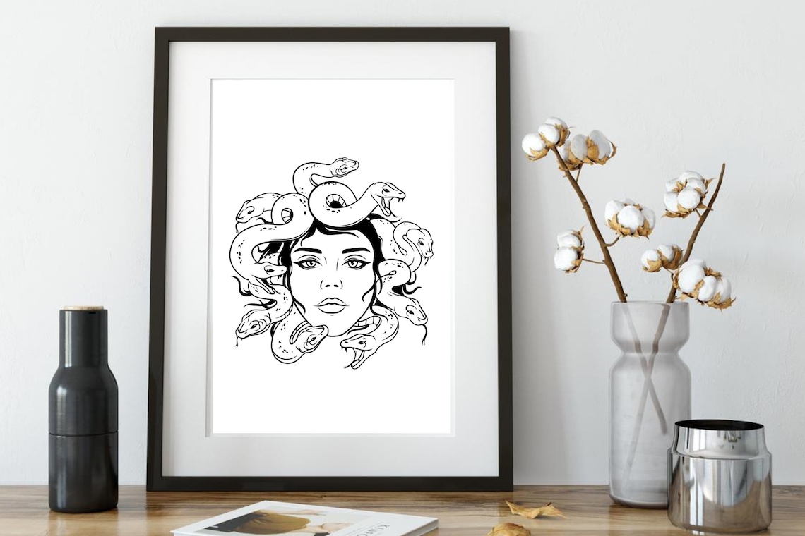 Medusa Gorgon Greek Mythology Snake Hair Line Art Illustration Poster