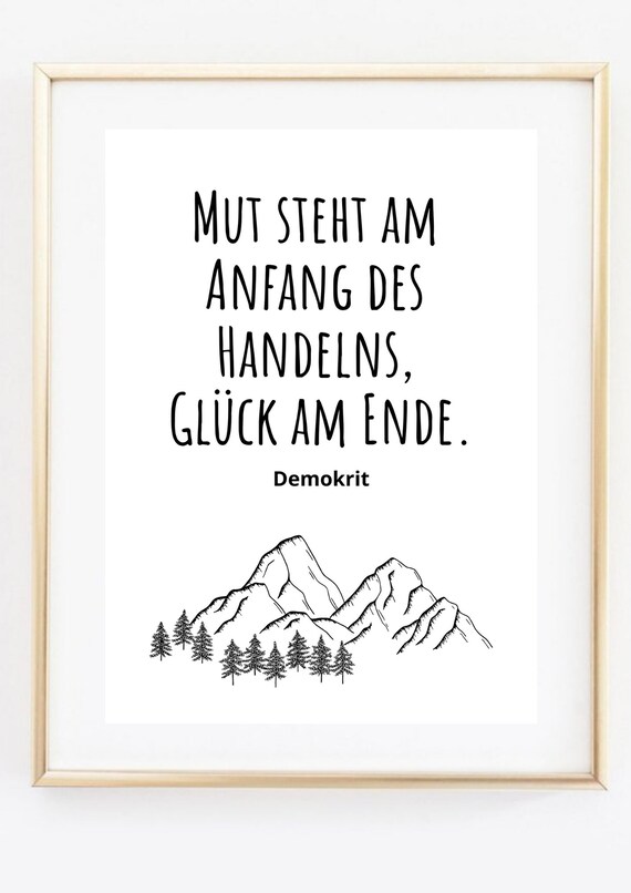 Democritus German Quote Print with Minimalist Mountain Line Art Poster