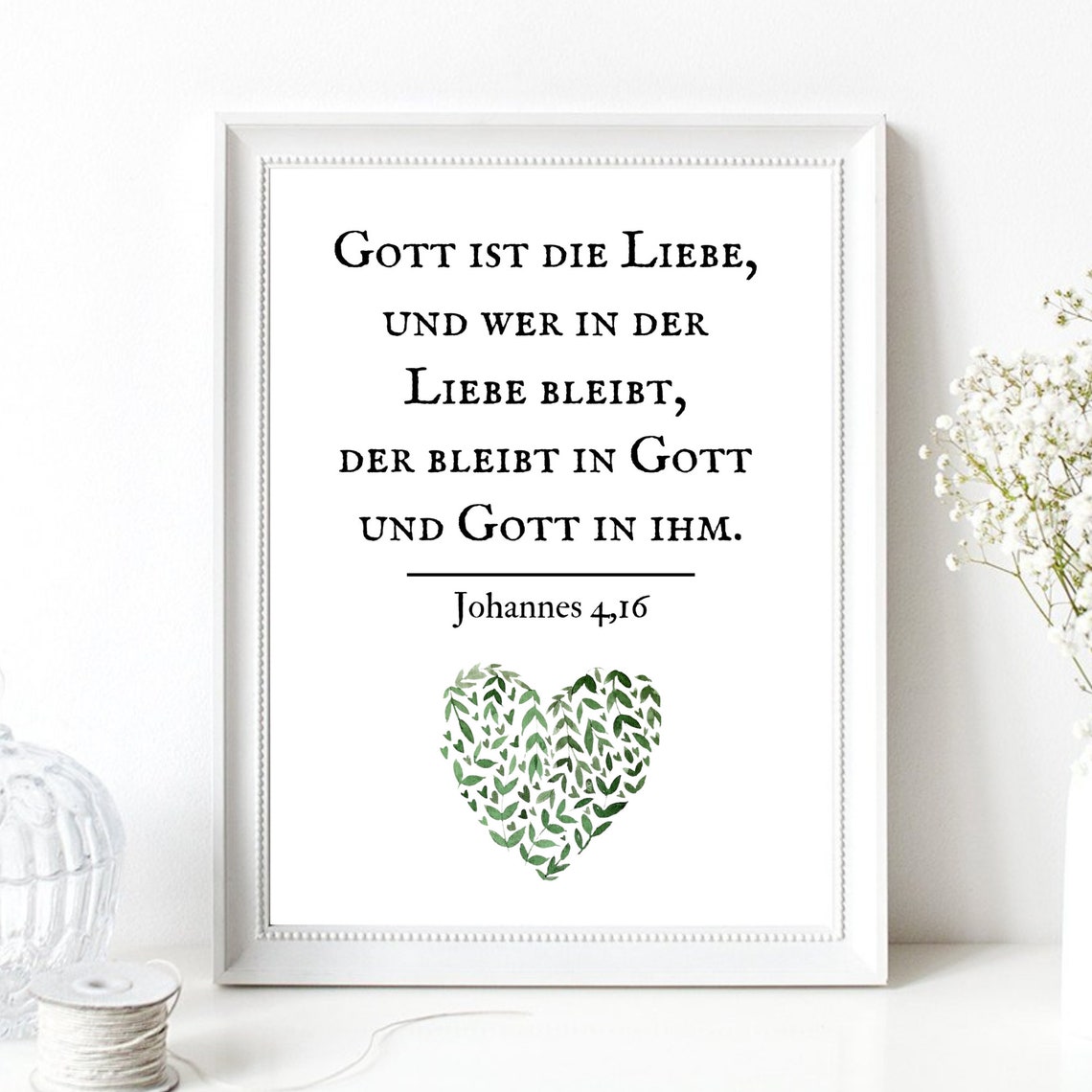 God Is Love Bible Verse John German Typography Leaf Heart Poster - Image 2
