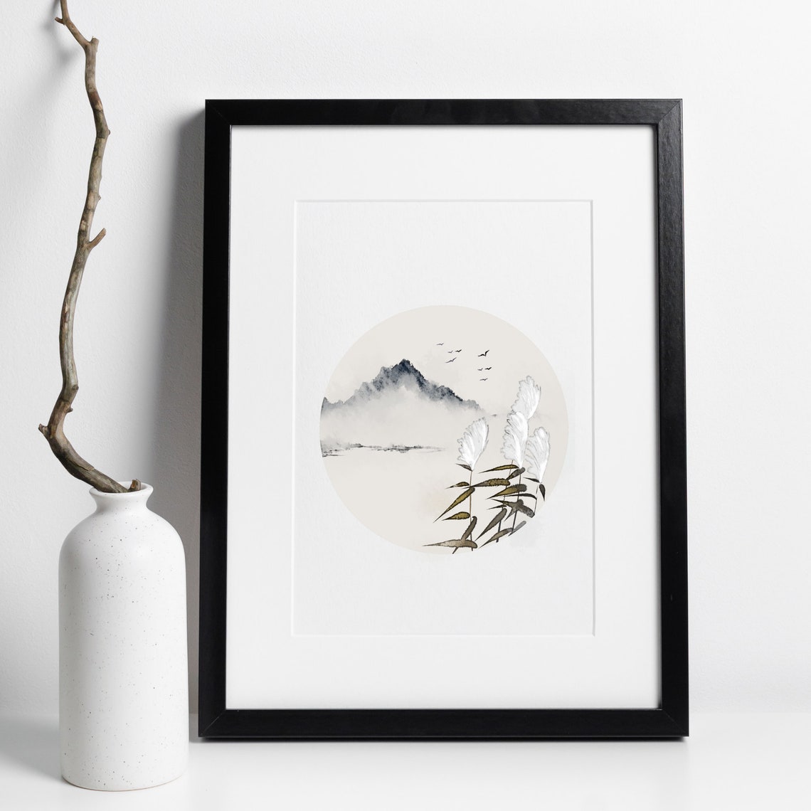 Japanese Ink Wash Circle Mountains Reeds Birds Zen Nature Poster - Image 2