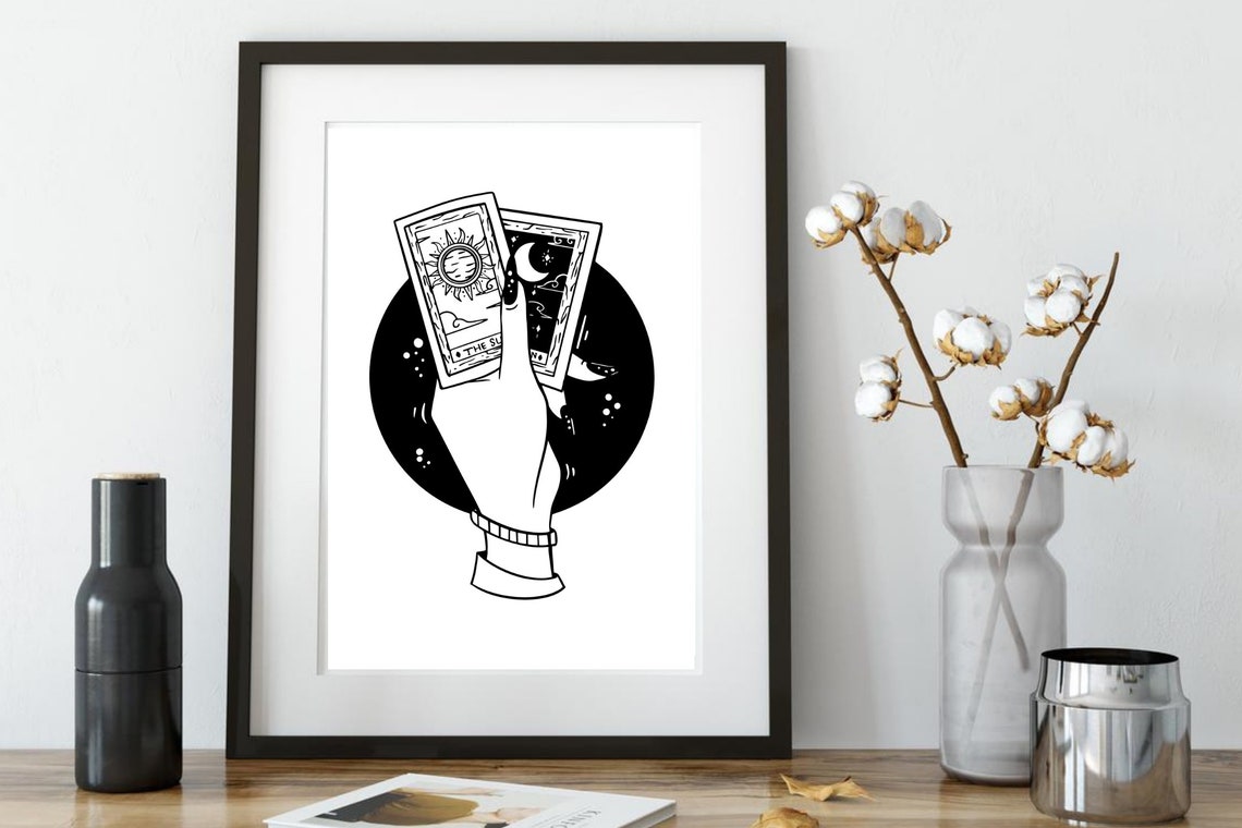 Tarot Card The Sun And Moon Black White Gothic Mystical Wall Print - Image 3