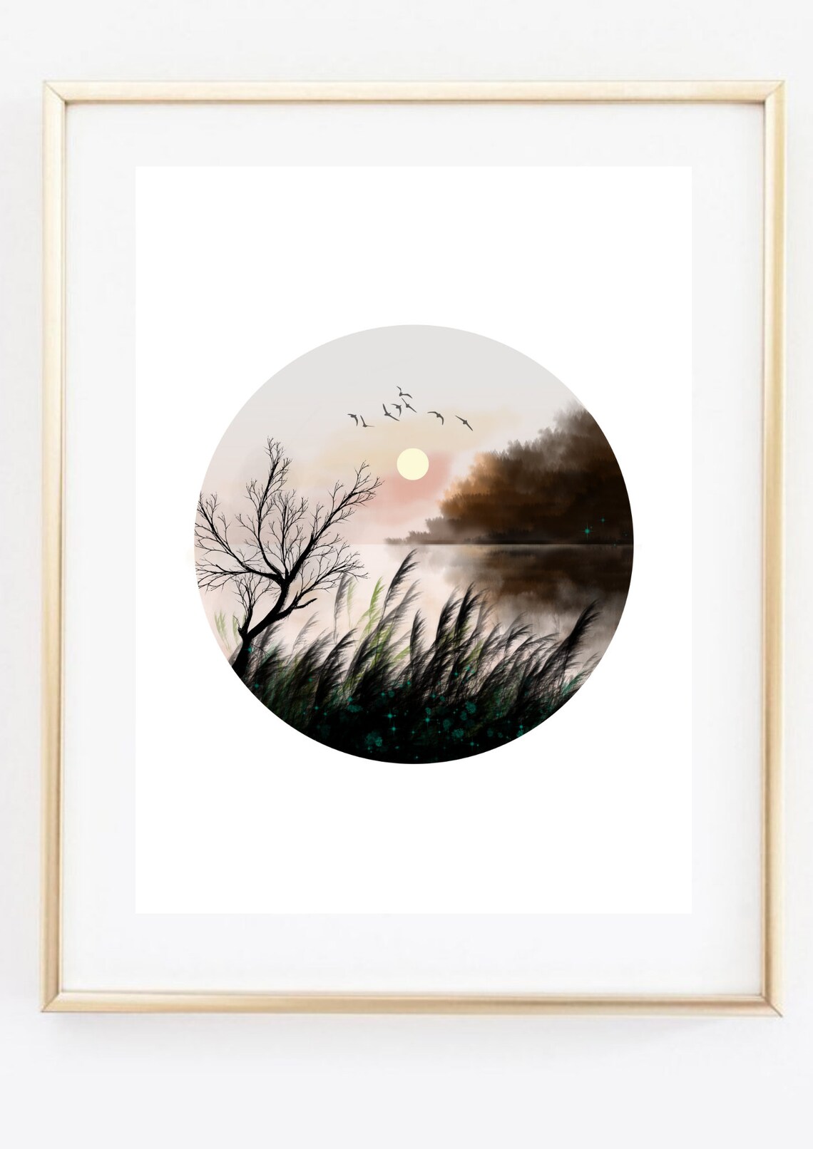 Circular Sunset Lake Birds Reeds Watercolor Round Nature Art Print - Image 3
