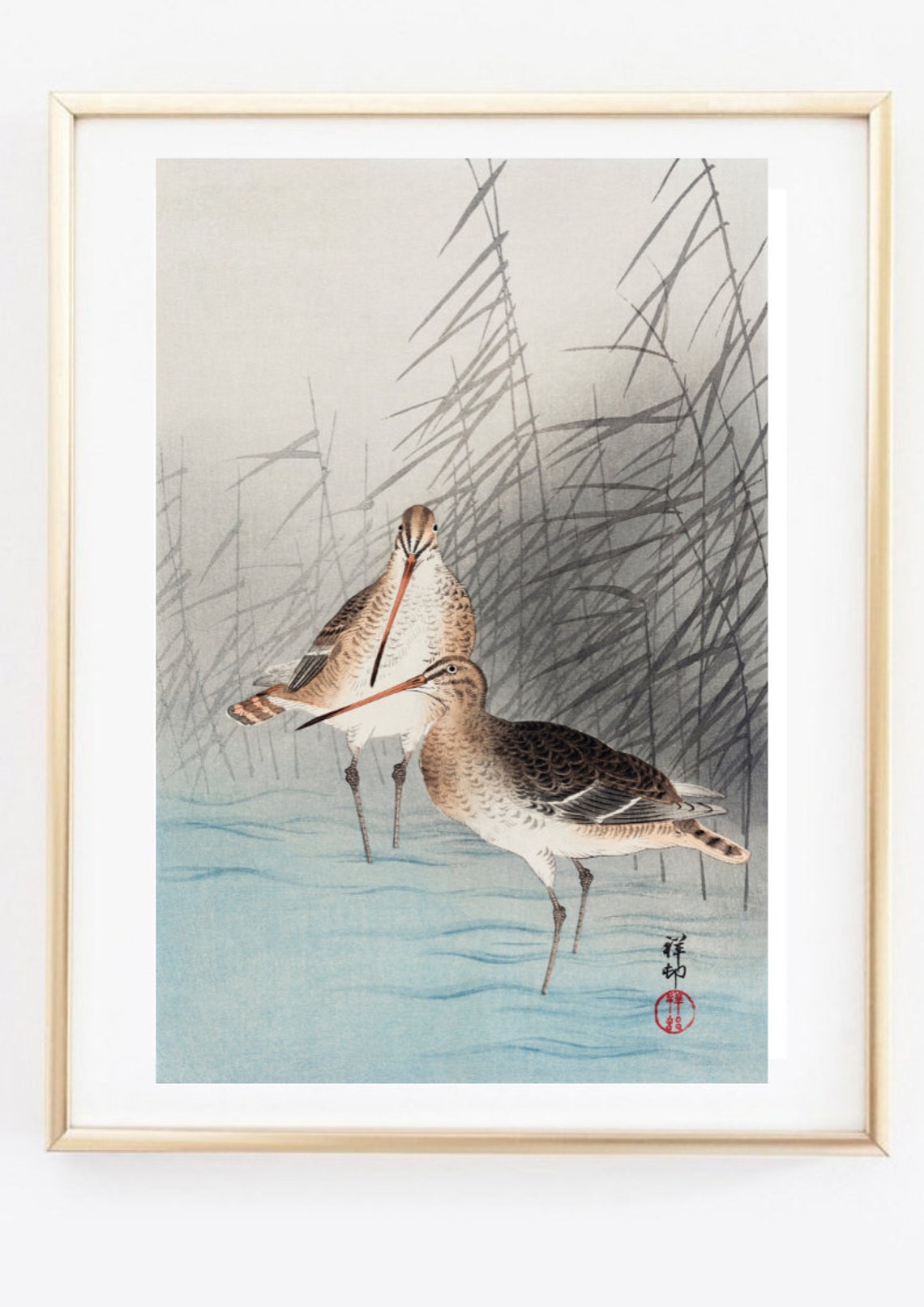 Two Snipes Marsh Reeds Japanese Woodblock Style Bird Art Print - Image 3